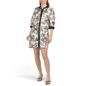 SPIGHE DI LINO Italy Linen Blend Elbow Sleeve Toile Print Mini Shirt Dress